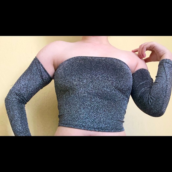Silver Sequin Style Crop Top-Cut Shoulder Sleeves - Picture 2 of 4